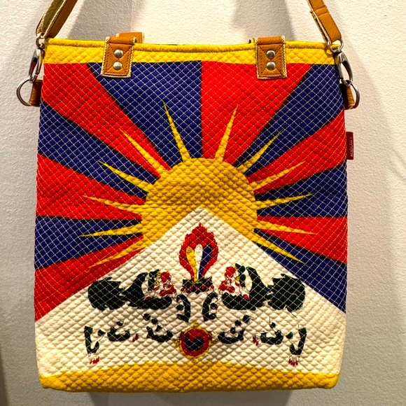 Handmade Tibetan Tote Bag with Leather Handles and an Adjustable Strap. - Picture 3 of 3